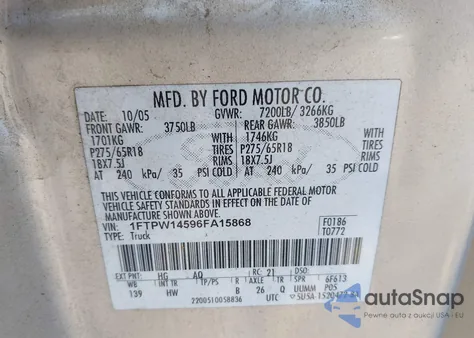 2006 Ford F-150 Fx4/Lariat/Xlt z USA, uszkodzony, nr VIN 1FTPW14596FA15868